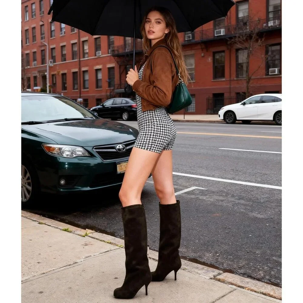 Women's Brown Wide Calf Square Toe Stiletto Heels Knee High Suede Boots